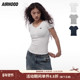 夏季 修身 纽扣V领大口正肩辣妹短款 AIRHOOD 纯色短袖 T恤上衣女ins