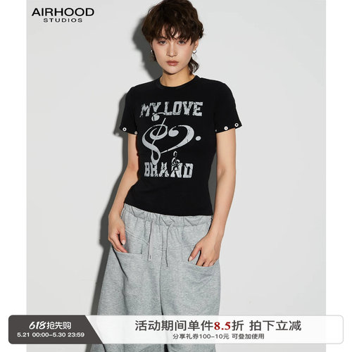 AIRHOOD 美式复古印花正肩短袖T恤女黑色圆领修身显瘦设计感上衣