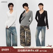 白色V领修身 AIRHOOD t恤韩系内搭上衣 紧身打底衫 女春秋季 美式 长袖