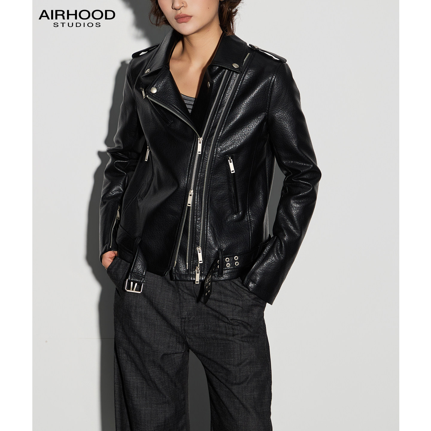 AIRHOOD 复古机车风黑色真皮皮衣女秋季短款修身拉链夹克帅气外套