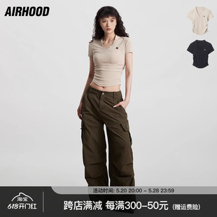 T恤女夏季 短袖 V领皱褶短款 AIRHOOD 辣妹简约修身 美式 百搭显瘦上衣