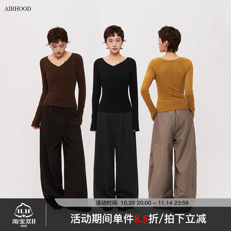 AIRHOOD 2025春秋季辣妹紧身V领长袖T恤修身显瘦内搭打底衫上衣女