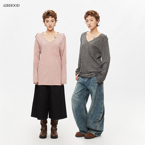 AIRHOOD 2025秋季新款美式复古V领上衣宽松百搭长袖T恤女ins