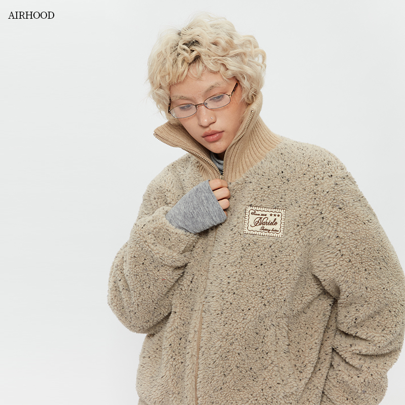 AIRHOOD 冬季夹棉短款棉袄女韩系冬季慵懒风复古加绒羊羔毛厚外套