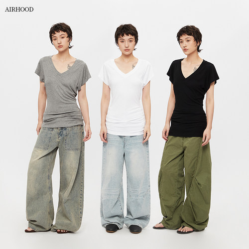 AIRHOOD 夏季2026新款V领收腰设计感短袖T恤女修身显瘦辣妹上衣