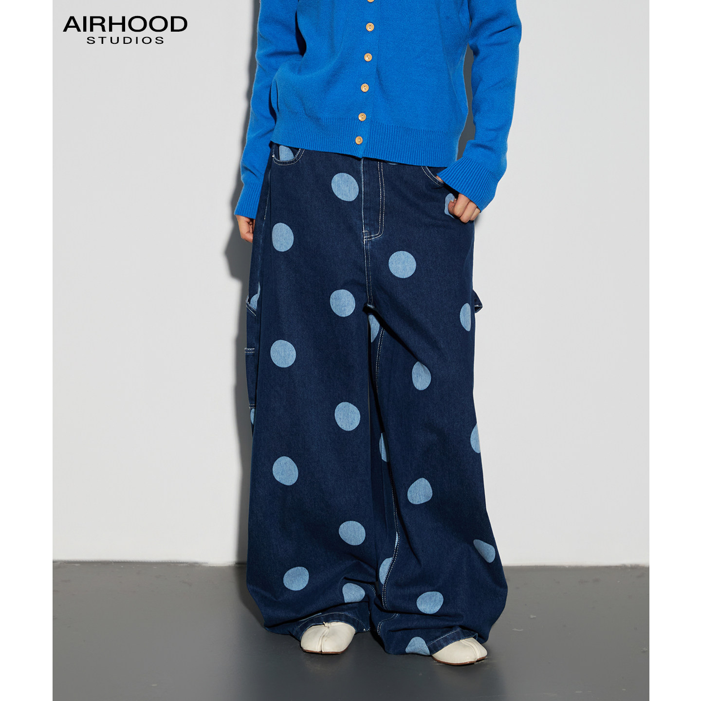 AIRHOOD 高腰波点牛仔裤女秋季宽松直筒长裤深蓝色显瘦百搭阔腿裤图片