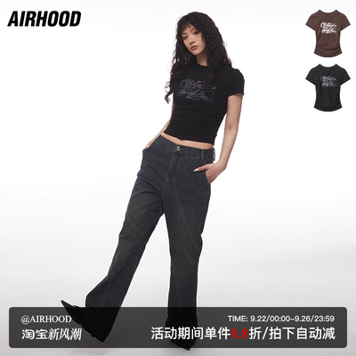 AIRHOOD 美式复古风简约字母印花皱褶短款t恤女紧身显瘦潮牌上衣