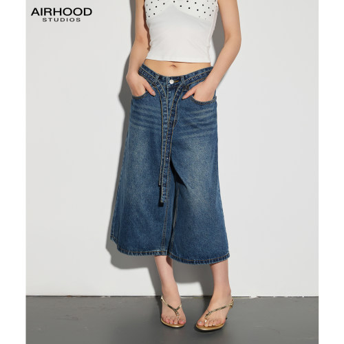 AIRHOOD 复古高腰七分牛仔裤女美式2026夏季系带蓝色阔腿宽松中裤
