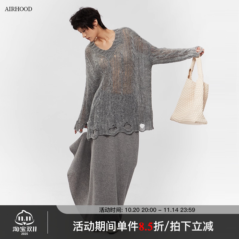 AIRHOOD 宽松辣妹薄款毛衣女秋季V领破洞小众BF慵懒风针织衫上衣