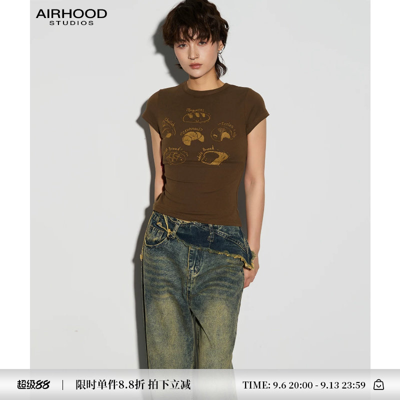 AIRHOOD 美式复古卡通印花短袖T恤女正肩短款修身显瘦辣妹上衣潮图片