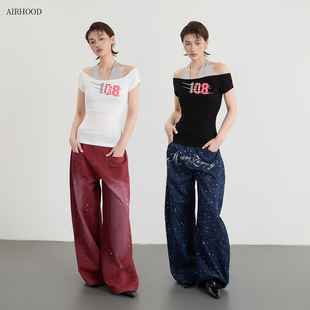 上衣夏 辣妹风假两件挂脖露肩T恤女街头休闲减龄短袖 AIRHOOD 美式