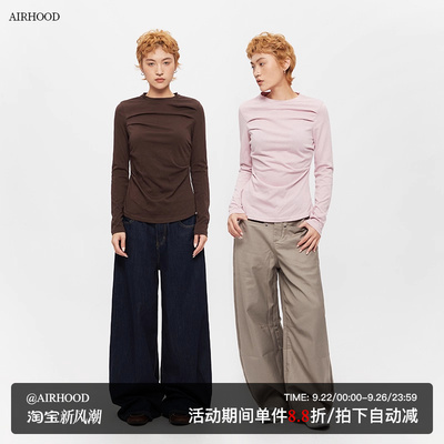 AIRHOOD 欧美皱褶收腰圆领长袖T恤女ins秋季修身显瘦辣妹正肩上衣