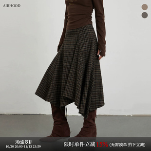 AIRHOOD 复古格子中长款A字半身裙子女不规则裙摆美拉德显瘦裙子