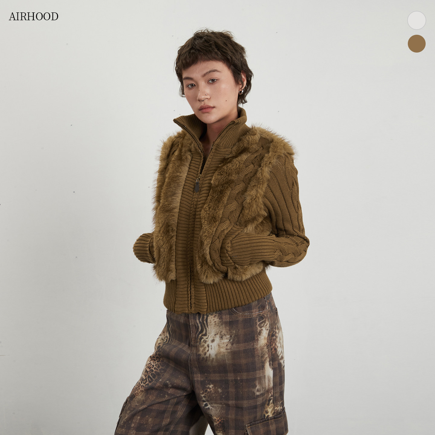 AIRHOOD 高领美式修身开衫毛茸茸针织毛衣女秋冬短款夹棉加厚外套