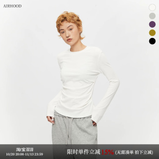 AIRHOOD2025年秋冬季长袖休闲T恤修身白色女皱褶圆领内搭打底上衣