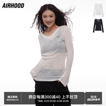 AIRHOOD 轻薄款防晒修身V领短款显瘦T恤女薄纱罩衫长袖黑白色上衣