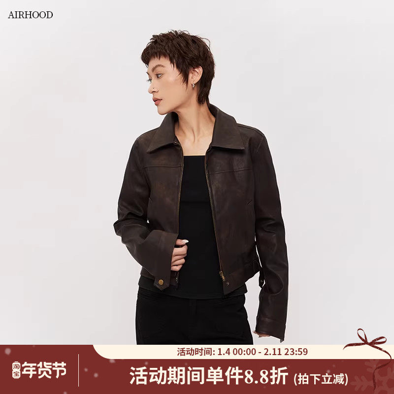 AIRHOOD 美式做旧pu皮翻领短款皮衣女复古机车夹克正肩修身外套,女装/女士精品,皮衣,淘宝优惠券,粉丝福利购,淘宝优惠卷