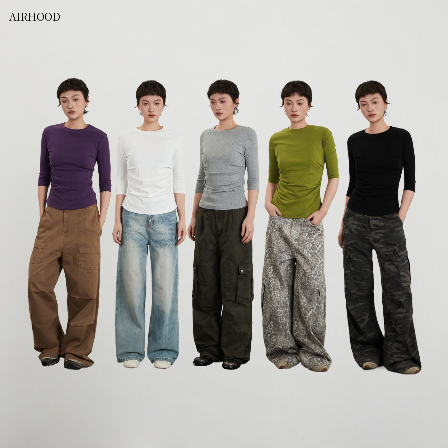 AIRHOOD 欧美褶皱收腰七分袖T恤女修身打底衫简约中袖正肩上衣ins