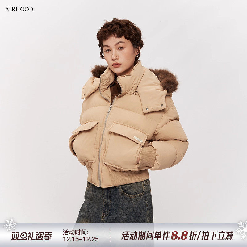 AIRHOOD 美式复古连帽毛领棉服女冬季宽松保暖短款棉衣加厚外套