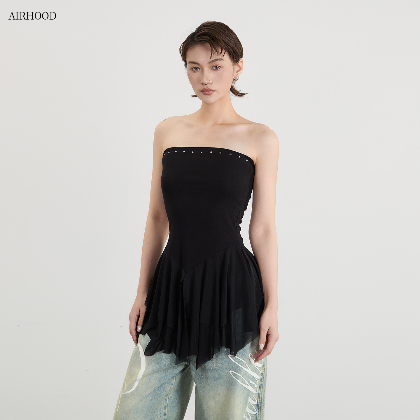 AIRHOOD 性感风黑色抹胸背心女夏季修身拼接设计感美背高级感上衣图片