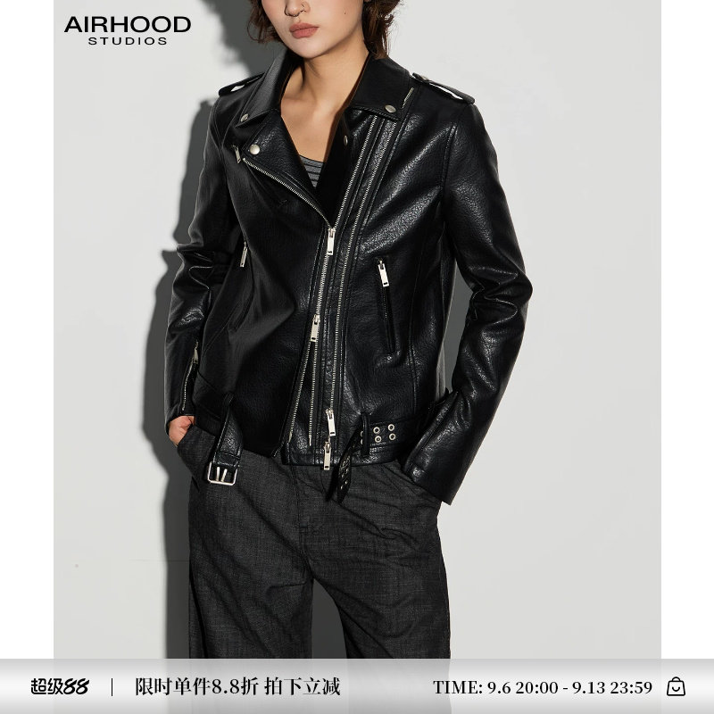 AIRHOOD 复古机车风黑色真皮皮衣女秋季短款修身拉链夹克帅气外套