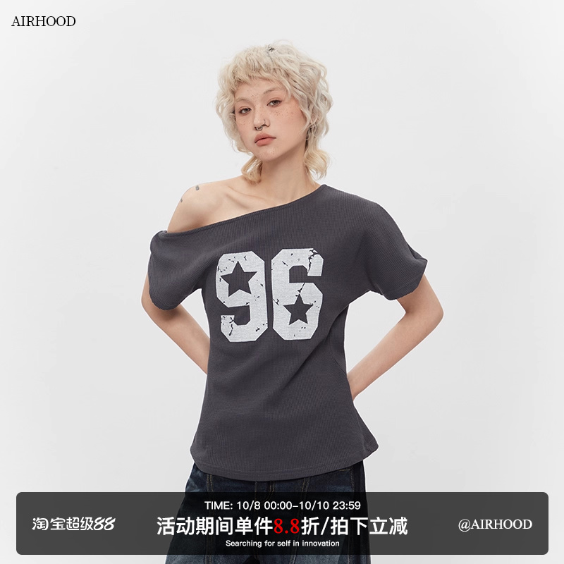AIRHOOD 美式性感斜肩短袖T恤女ins不规则修身显瘦露肩辣妹上衣夏
