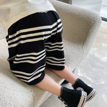 薄款弹力~夏季儿童胖宝宝5分裤男纯棉条纹宽松女孩6柔软过膝7中裤