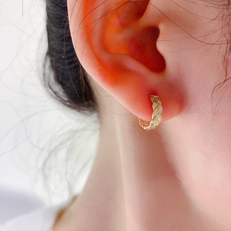 韩国流行10K黄金耳环女 精致简约气质百搭素圈麻花耳扣耳饰潮