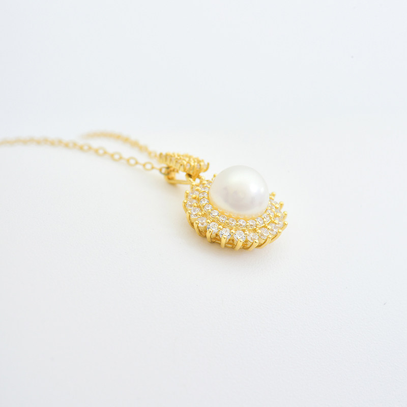 韩国时尚14k黄金吊坠 个性网红ins镶钻闪亮珍珠太阳花锁骨链坠
