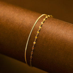韩国时尚14K黄金手链女 高级感百搭双层侧身双唇k金素金手饰潮