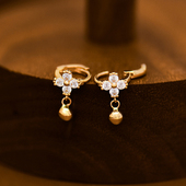 日韩流行韩国14K 10K黄金耳环女 四瓣小花挂金球转运珠耳骨环单只