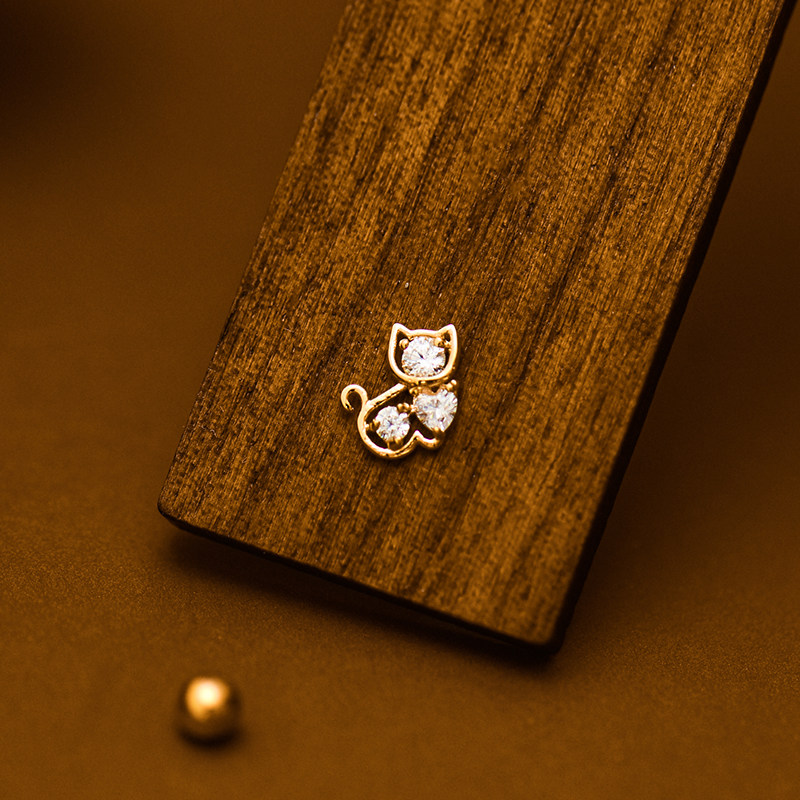 韩国时尚14K黄金耳钉女 镶钻小猫螺纹螺丝耳饰通体K金养耳洞单只,珠宝/钻石/翡翠,耳饰,淘宝优惠券,粉丝福利购,淘宝优惠卷