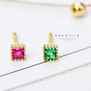迷你几何方形锆石螺纹耳钉单只 10K黄金耳钉女 高级HC时尚 韩国14K