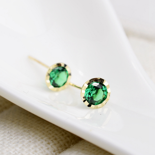高级切面绿色锆石耳鼓钉单只黄金