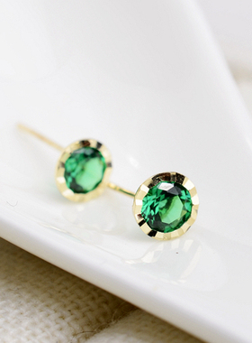 高级韩国流行10K 14K金黄金 耳钉女 切面绿色锆石耳钉耳鼓钉单只