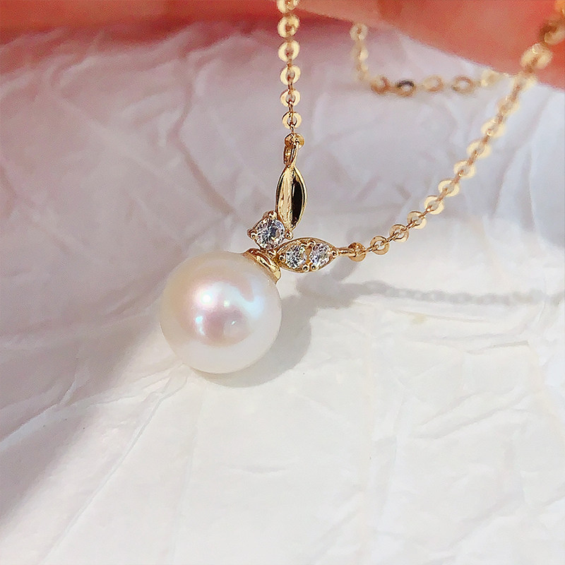 韩国时尚14k黄金项链 气质百搭镶钻叶子珍珠吊坠彩金颈链锁骨链