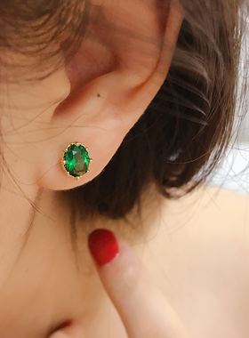 韩国流行韩国14K 10K黄金耳钉女 气质简约绿色锆石耳饰女礼物