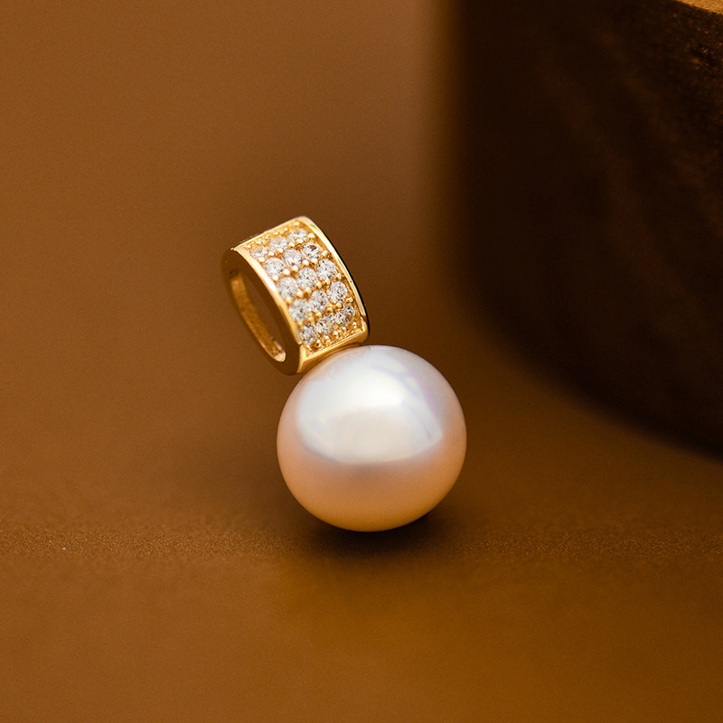 韩国时尚14k黄金吊坠 精致百搭几何镶钻宽面珍珠彩金锁骨链坠潮女