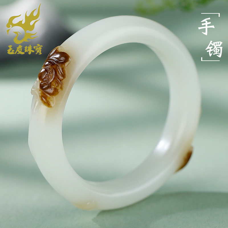 和田玉双鱼荷花手镯女款糖白