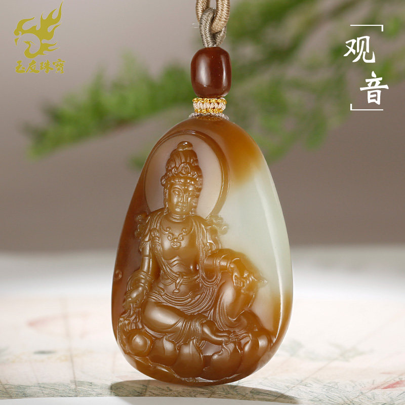 玉友和田玉观音吊坠男款玉坠糖白玉俏色荷花观自在菩萨玉石挂件GJ