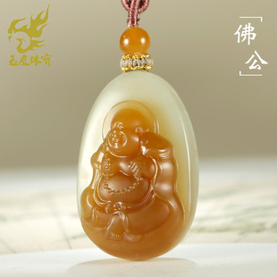 玉友和田玉佛公吊坠女款玉坠糖青白玉俏色念珠弥勒笑佛玉佩玉挂件