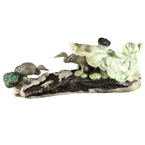 玉友南阳独山玉鸬鹚荷叶摆件孤品