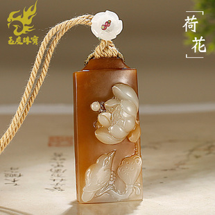 玉友和田玉荷花翠鸟吊坠女款玉坠糖青白玉荷塘雅趣玉牌玉佩玉挂件