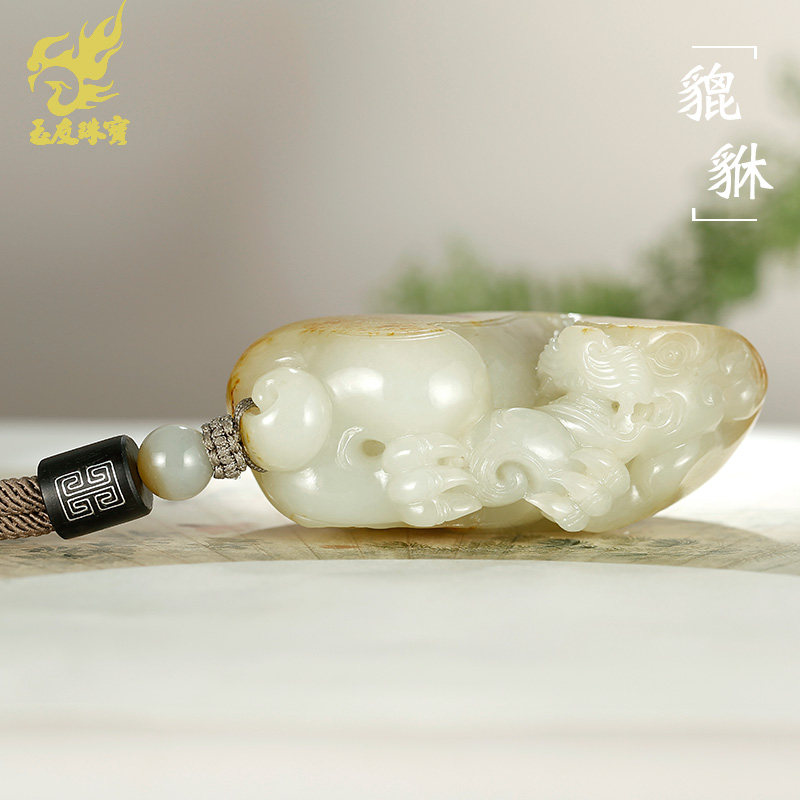 玉友和田玉貔貅手把件男款洒金皮籽料皮休立体玉石把玩件附证书