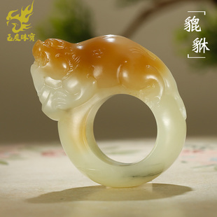 玉友和田玉貔貅扳指男款糖青白玉青花元宝皮休戒指掌中宝玉石手饰