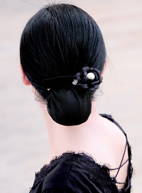 珍珠方钻山茶花朵发网兜 女丝绒发夹头花发兜银行盘头发网套头饰
