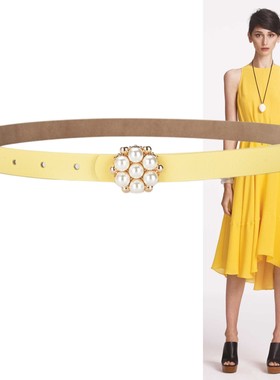 浅黄色珠花牛皮装饰腰带优雅女毛衣旗袍连衣裙礼服配饰2厘米皮带