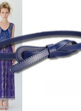 英伦时尚女连衣裙西装衬衫配饰绿色真皮装饰细腰带不规则打结皮带