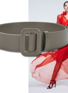 3.4厘米灰色二层牛皮装饰宽腰带法式极简女羽绒大衣棉服束腰皮带