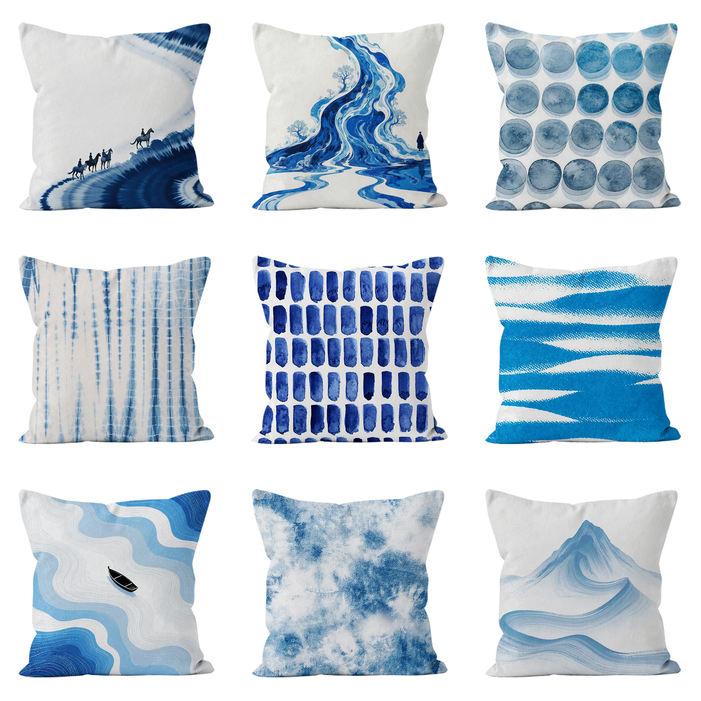 新中式水蓝色水墨靠垫抱枕优雅平面印花抱枕客厅沙发靠枕新款靠垫